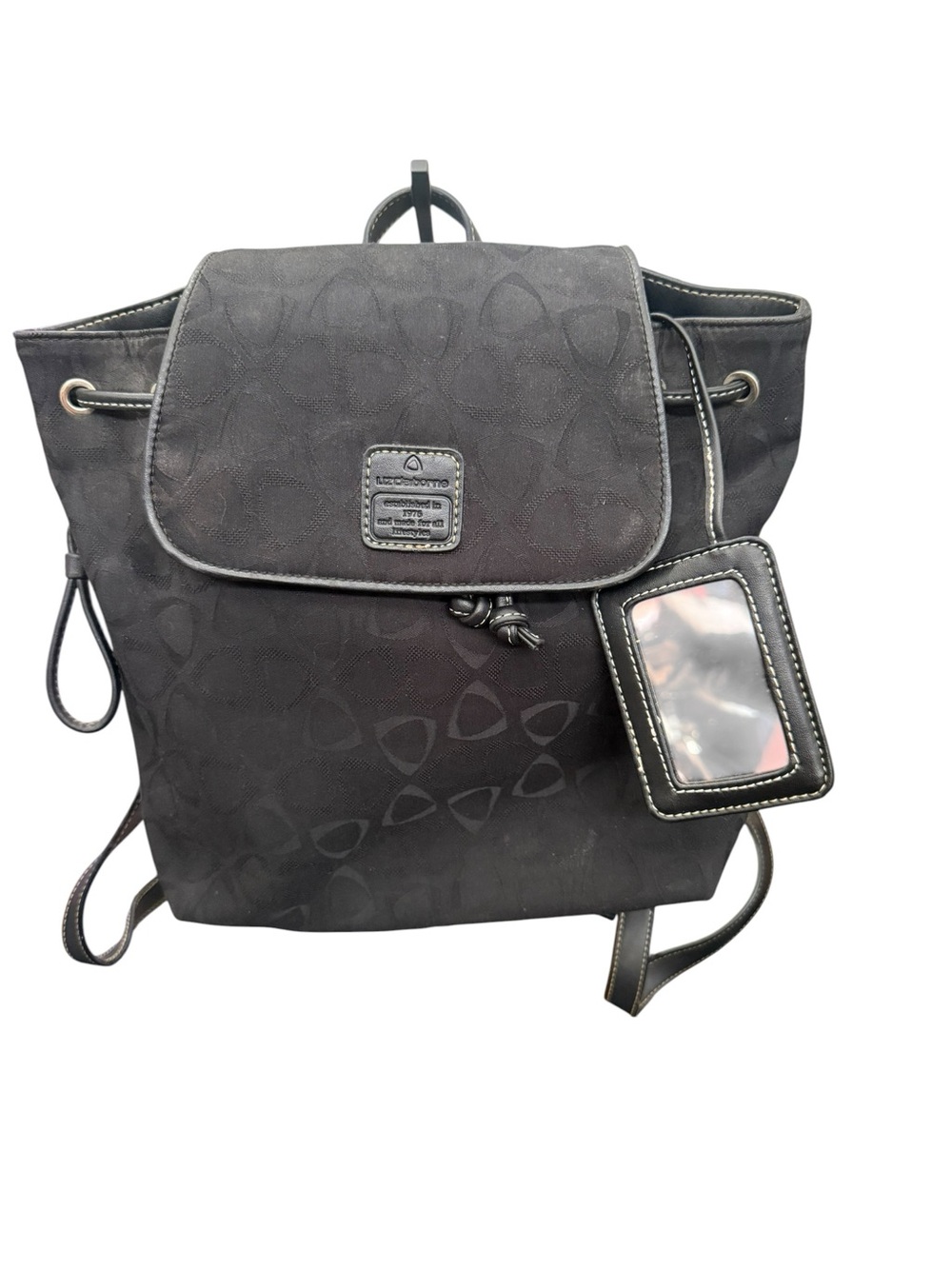 Liz Claiborne Black Logo-Pattern Drawstring Flap Backpack with ID Tag